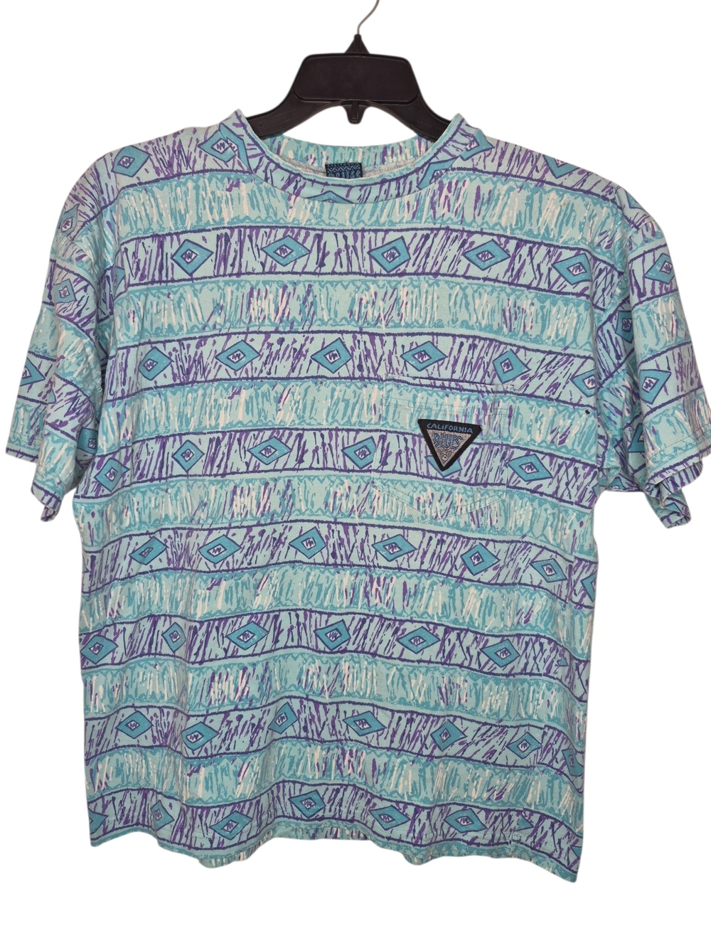 Vintage 80s California Blues Aztec Pattern Pocket T-Shirt Mens M L 22x26.5